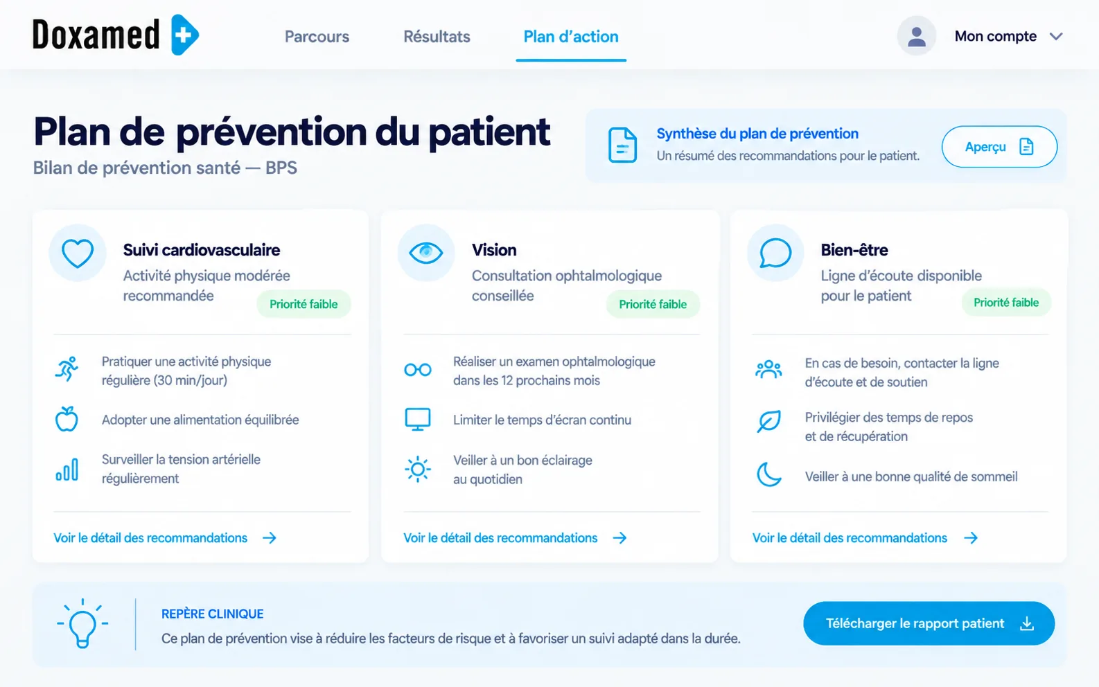 Plan de prévention du patient — plateforme Doxamed